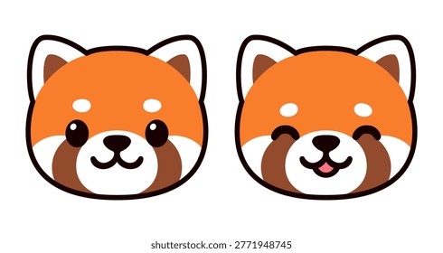 Cute cartoon red panda face drawing, two expressions. Kawaii icon or logo, vector clip art illustration.