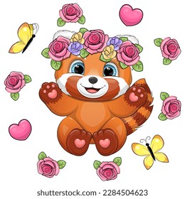 Cute cartoon red panda with a flower wreath surrounded with a rose frame. Spring vector illustration of animal on a white background.