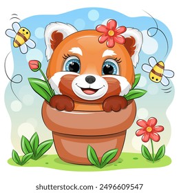 Cute cartoon red panda in a flower pot with flowers and bees. Vector illustration of animal in nature.