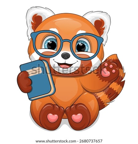 Cute Cartoon Red Panda with Glasses holds Book. Back to School Vector Illustration of Animal on a white background.