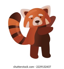 Cute cartoon red panda happily waving his paws. Vector illustration of Chinese animal character from wild forest or pet from zoo. Wildlife nature concept