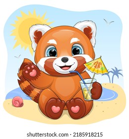 Cute cartoon red panda holding lemonade on the beach. Summer animal vector illustration.