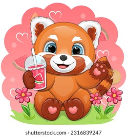 Cute caricatura de panda roja sostiene jugo de sandía. Ilustración vectorial de un animal sobre un fondo rosado con corazones y frutas.