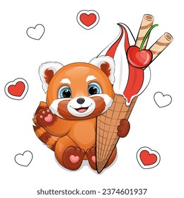 A cute cartoon red panda is holding a big ice cream. Summer vector animal illustration on white background with red hearts. 