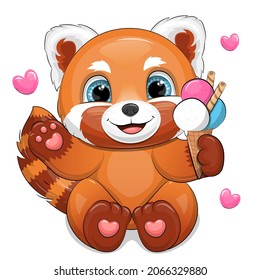 Cute cartoon red panda with ice cream. Vector illustration of an animal with hearts on a white background.