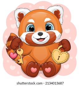 Cute cartoon red panda with lock and key. Vector illustration of animal on pink background.