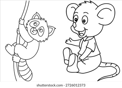 Desenho animado Red Panda e Mouse Line Art para crianças colorir páginas