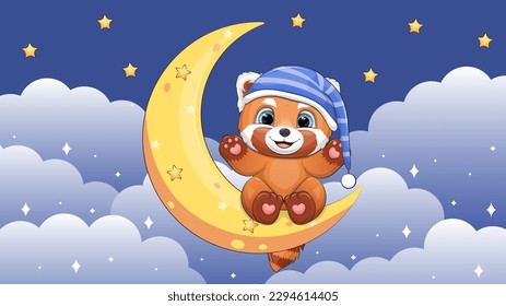 Un lindo panda rojo de dibujos animados con una gorra de noche se sienta en la luna. Ilustración vectorial nocturna de un animal vestido de noche en un cielo azul con nubes y estrellas.