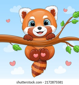 Cute cartoon red panda on a tree. Vector illustration of an animal on a blue background.