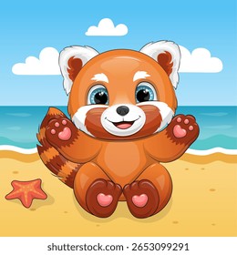 Um bonito desenho animado Red Panda na praia. Verão animal vetor ilustração com mar, sol, areia, estrela-do-mar.