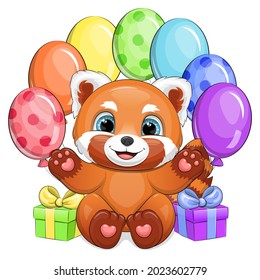 Cute cartoon red panda with rainbow balloons and gifts. Vector illustration of an animal on a white background.