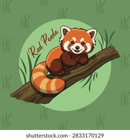 Cute Cartoon Red Panda Resting on Tree Branch Vector Illustration. Adorable red panda character smiling on a wooden branch with a lush green natural background. International Red Panda Day, September