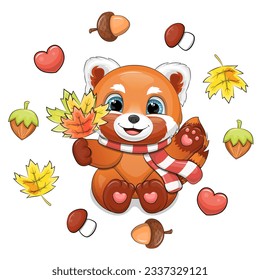 Cute cartoon red panda with a scarf and fallen leaves in an autumn frame. Vector illustration of an animal with a nut, an acorn, a yellow leaf, a mushroom and a heart on a white background.