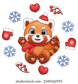 Cute cartoon red panda with a red scarf and red hat in a winter frame. Vector illustration of an animal with hearts, mittens, berries, snowflakes on a white background.