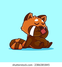 Cute cartoon red panda sitting relaxed while drinking coffee, adorable cartoon mascot illustration