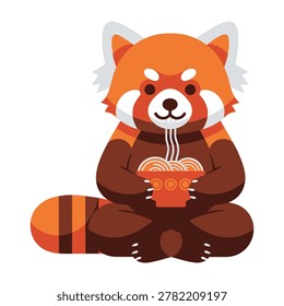 A cute cartoon red panda sitting cross-legged eating noodles smiling friendly face
