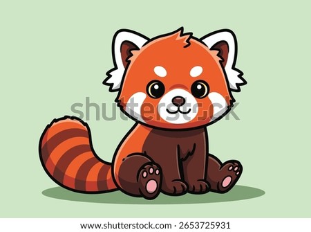 Cute Cartoon Red Panda Sitting - Adorable Fluffy Forest Animal Illustration with Striped Tail, Perfect for Kids' Nature Designs. Vector Illustration
