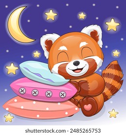 Cute cartoon red panda is sleeping on the pillows. Night vector illustration on a dark blue background with stars and moon.