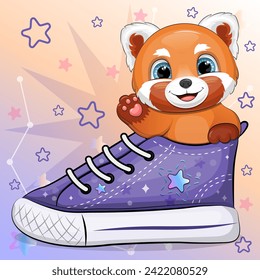 A cute cartoon red panda with a sneaker. Vector illustration of an animal on a colorful background with stars.