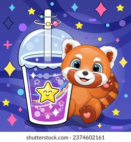 Cute cartoon red panda with star drink. Vector illustration of an animal and a cup of colorful water on a dark blue background with stars and dots.