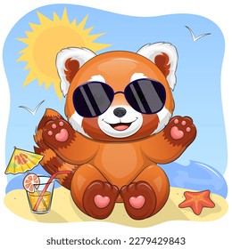 A cute cartoon red panda in sunglasses is sitting on the beach with starfish and lemonade. Summer animal vector illustration on blue background with sun.