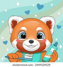 Lindo panda rojo de dibujos animados con pasta de dientes y cepillo de dientes. Ilustración vectorial de un animal sobre un fondo verde con corazones.