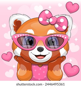 Cute cartoon red panda wearing pink glasses and hair bow. Vector illustration of an animal on pink background with hearts.