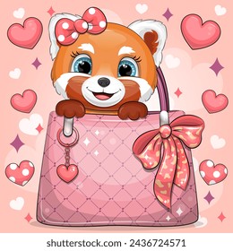 Cute cartoon red panda wears a hair bow and sits in a woman's handbag. Vector illustration of an animal on a red background with hearts.