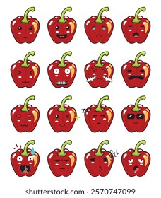 A cute cartoon red paprika in various expressions, happy, smile, sad, crying, sleepy, sleep, sour, shock, angry, calm, fall in love, blink, cool, hot, suspicious, sing, tired