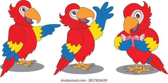 Cute cartoon red parrot (macaw) in three friendly poses: pointing with wing, waving happily, and holding pink hearts. Red body with yellow and blue feathers, big eyes, and orange beak. Perfect for children's books, stickers, Valentine's or love themes, tropical designs, and animal illustrations.