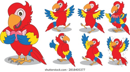 Cute cartoon red parrot (macaw) in multiple happy and loving poses: large parrot holding a pink heart, smaller ones dancing with open wings, winking, hugging a heart, giving thumbs up, walking happily, and jumping excitedly. Red body with yellow and blue feathers, big eyes, and orange beak. Perfect for children's books, stickers, Valentine's or love themes, tropical designs, and animal illustrations.