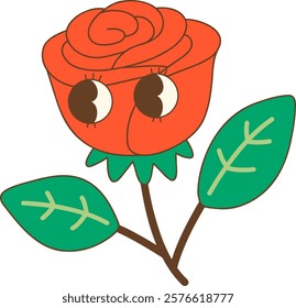 Cute cartoon red rose with big eyes and green leaves
