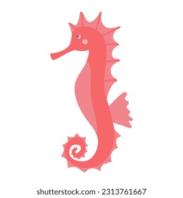 Cute cartoon red sea horse, flat vector for kids