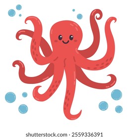 Cute cartoon red sea octopus in flat style. Wild ocean animal isolated on white background. 