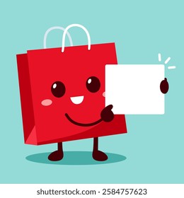 Cute cartoon red shopping bag holding a empty white board isolated on blue background. Vector illustration flat design.