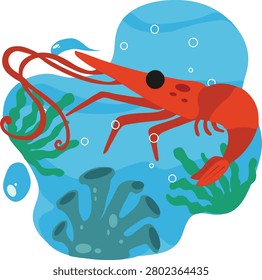 Cute cartoon red shrimp underwater with coral, seaweed, bubbles, and a colorful ocean background.