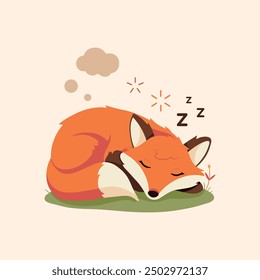 Cute cartoon red sleeping fox on green grass. Autumn forest wild animal. Isolated flat vector illustration in children's style.