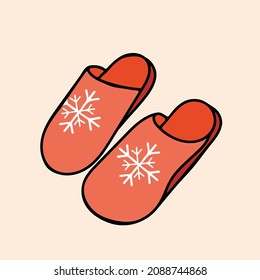 Cute cartoon red slippers with snowflakes. Vector illustration for social media, cards, post marks, banners, polygraphy, textiles.