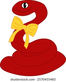 Cute cartoon red snake with yellow ribbon. Christmas vector illustration of animal on transparent background.
