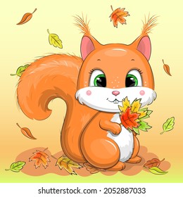 Cute cartoon red squirrel with autumn leaves. Vector illustration of an animal on an orange background.