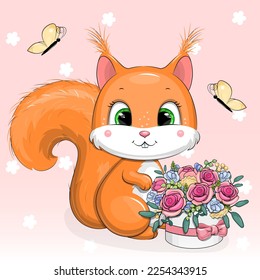 Cute cartoon red squirrel with a bouquet of roses and butterflies. Vector illustration of an animal on a pink background with flowers.