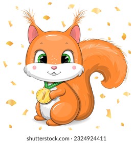 Cute cartoon red squirrel with gold medal. Vector illustration of an animal on a white background with golden confetti.