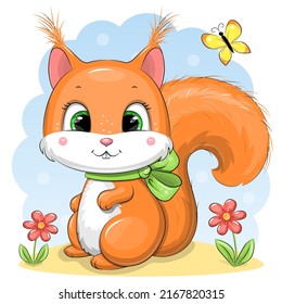 Cute cartoon red squirrel with a green bow. Vector illustration of an animal in nature with flowers and a butterfly on a blue background.