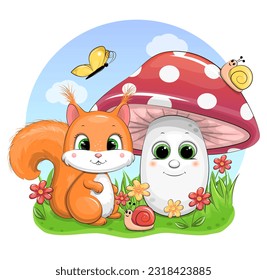 Cute cartoon red squirrel and mushroom. Vector illustration of an animal in nature with flowers, snails and butterflies.