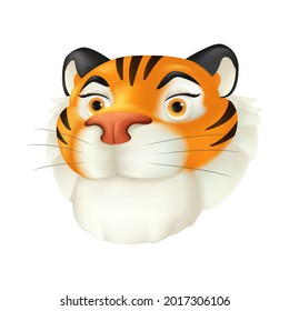 Cute cartoon red tiger head. Vector funny illustration of a striped wildlife animal character with a smiling facial emotion isolated on a white background. Symbol of the year by the Chinese calendar