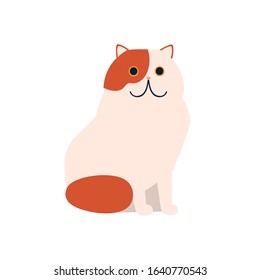 Cute cartoon red and white color cat vector flat illustration. Funny fluffy domestic animal demonstrating sitting isolated on white background. Pet character breed with furry tail