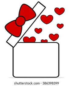 cute cartoon red white gift box open with hearts vector concept illustration