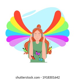 Cute, cartoon, red-haired girl in headphones listens to music. Colored butterflies. Rainbow