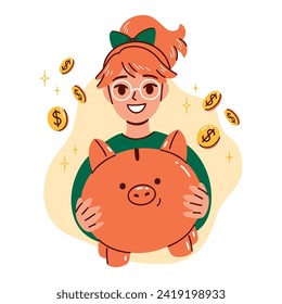 Cute Cartoon Rotkopfmädchen in Gläsern, die ein Sparschwein in ihren Händen halten. 
Handgezeichnete flache Vektorgrafik mit dem Konzept, Geld für Kinder zu sparen. Taschengeld, finanzielle Erziehung für Kinder. 