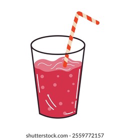 Cute cartoon refreshing drink with a straw in flat style. Berry juice in the glass isolated on white background.